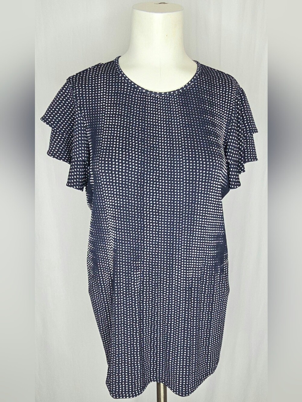 Adrianna Papell Navy Polka Dot Flutter Sleeve Top  Graphic Texture Size ‎ NWOT